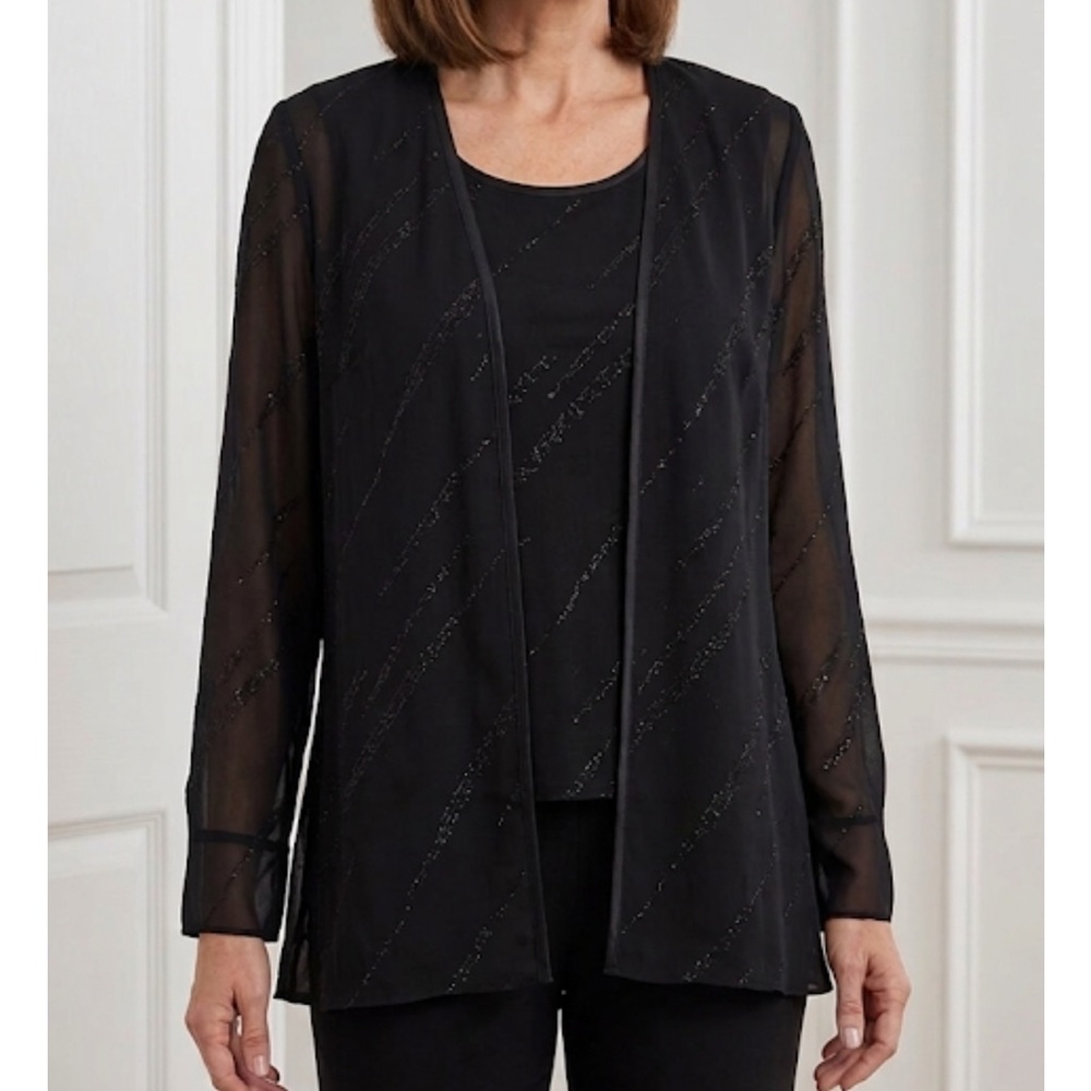 R&M Richards Black 2-Piece Sheer Jacket & Tank Set Size 12 Glitter Evening